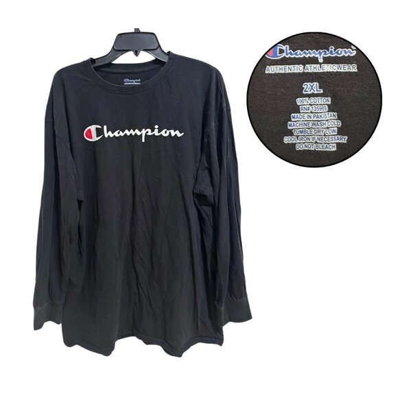 Champion Men’s 2XL Black Long Sleeve Athletic T-Shirt White Logo Gym Tee - Picture 1 of 4